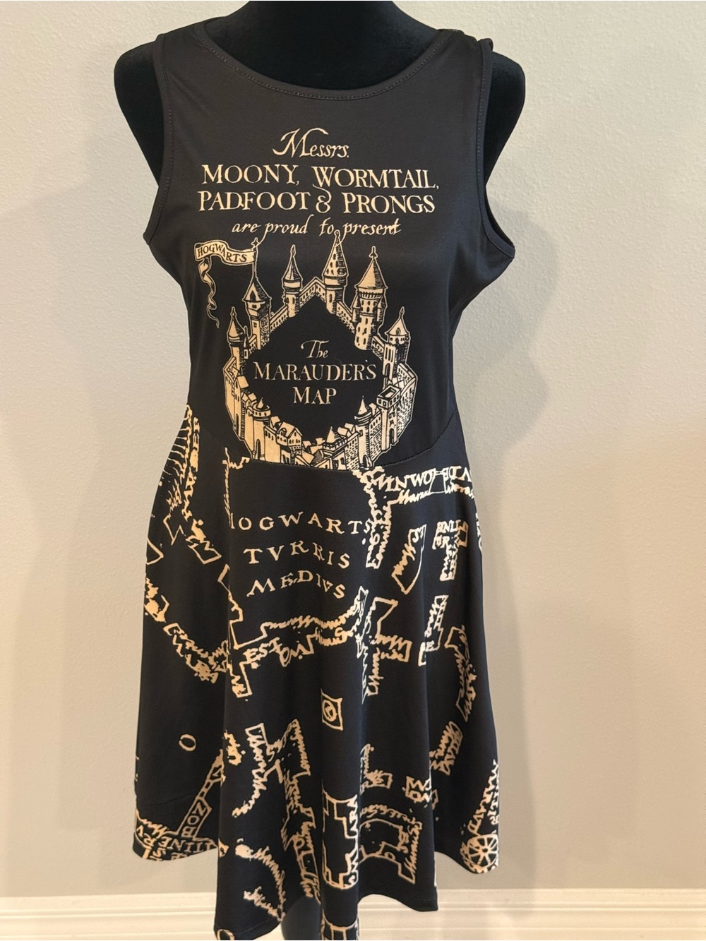 Warner Bros. Black Tank Dress with Cream Marauder's Map Print